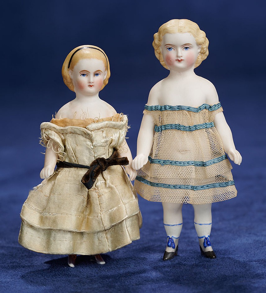 Two Early German All-Bisque Miniature Dolls with Fancy Shoes
