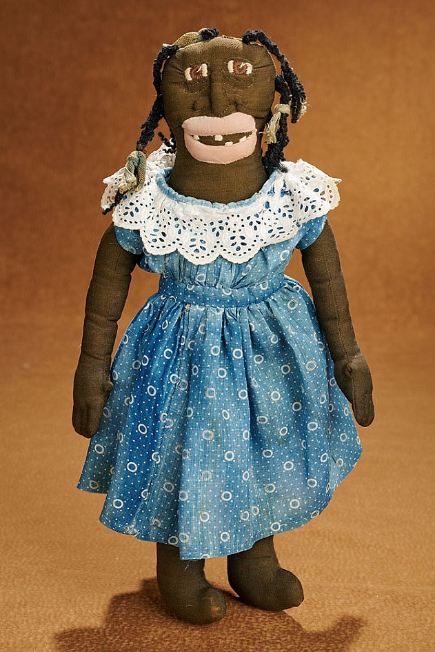 16" American black cloth folk doll with embroidered features