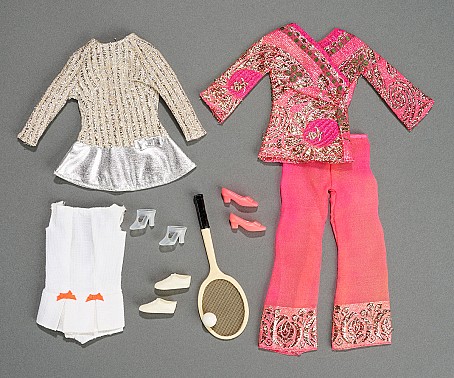 Mod Barbie Costumes, "Bright 'n Brocade", "Silver Sparkle" with Rare Shoes and "Tennis Team", 1970
